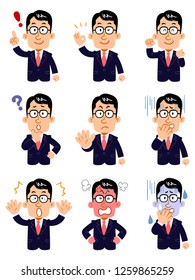 A businessman wearing eyeglasses Set of 9 types of poses and facial expression Waist upper part
