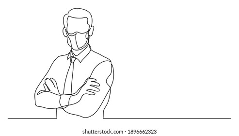 businessman wearing face mask with crossed arms - single line drawing