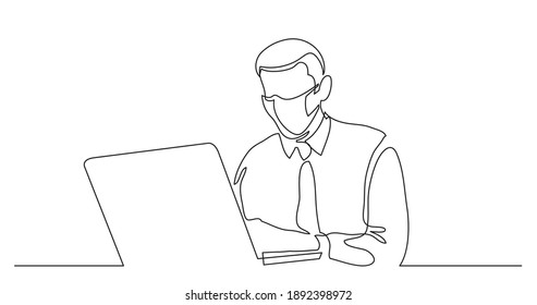 businessman wearing face mask with laptop - continuous line drawing