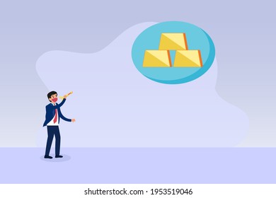 Businessman wearing face mask while throwing a dart to explode a bubble with gold bar