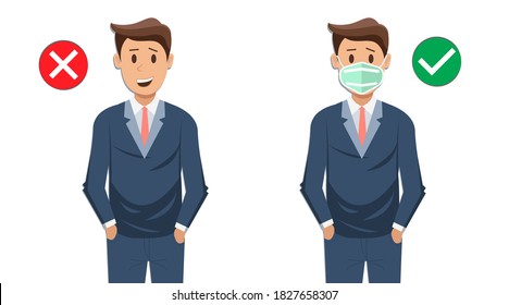 businessman wearing facemask isolated on white background. Man in respirators. Protection from coronavirus outbreak, pandemic prevention. facemask Vector illustration in flat cartoon style