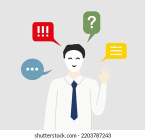 Businessman Wearing Fake Smiling Face Mask Hiding Real Emotion Talking. Liar, Hypocrite, Betrayal, Fraud Concepts. Flat Cartoon Character Vector Design Illustrations With Speech Bubble Background.