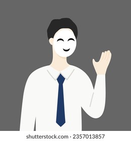 Businessman wearing fake smiling face mask hiding real emotion talking. Liar, betrayal, fraud, scam concepts. Flat cartoon character vector design isolated illustration.