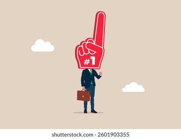 Businessman  with a wearing fan foam finger with number one instead of a head on shoulders. Succeed in work. Flat vector illustration