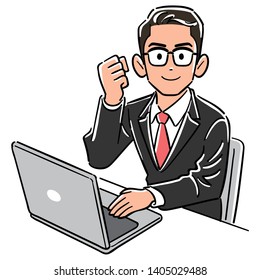 A Businessman Wearing Glasses Operating A Computer, Posing Guts