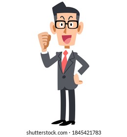 A businessman wearing glasses who guts poses sideways