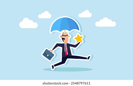 A businessman wearing a hat with an umbrella runs while holding a star, illustration of maintaining business quality stability while striving to improve it