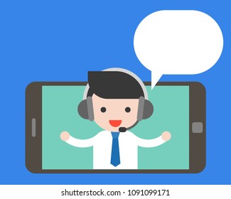 Businessman wearing headphone on tablet or cellphone screen and blank speech bubble, flat design template material for business