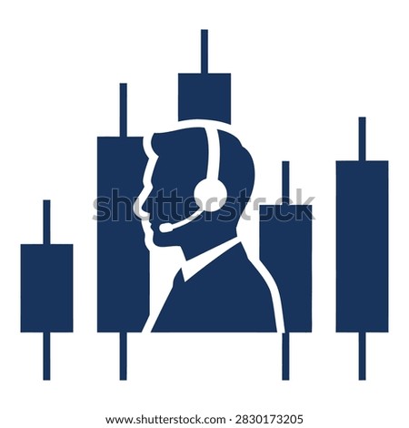 A businessman wearing a headset is shown in front of stock market charts and graphs, analyzing financial data, conveying a sense of professionalism and market analysis.