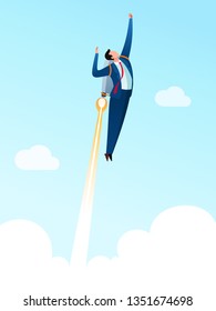 Empresario usando un jetpack y despegando al cielo alto. Ilustración vectorial de concepto de negocio.