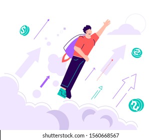 Businessman wearing a jetpack and taking off to high sky. Vector illustration, move up motivation, The way to achieve the goal, jet pack. Flat style modern design vector illustration for web page