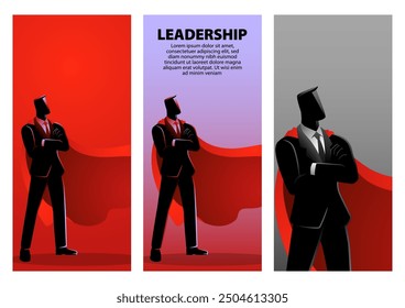 Businessman wearing a magnificent red cape as a superhero symbolizes leadership, It represents someone who takes charge, inspires others, and achieved extraordinary success in the business world