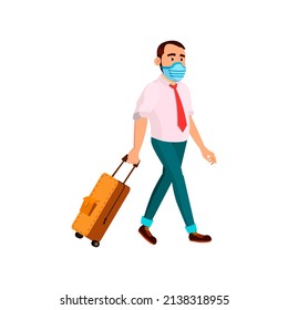 Businessman Wearing Mask In Public Place Vector. Man Wearing Facial In Airport Or Railway Station. Character Walking With Luggage Suitcase, Business Journey Flat Cartoon Illustration