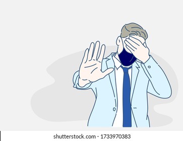 Businessman wearing a medical mask, he is covering eyes with hands and doing stop gesture. Hand drawn in thin line style, vector illustrations.