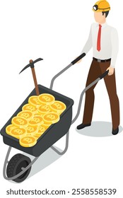 Businessman wearing a mining helmet and pushing a wheelbarrow full of golden bitcoin coins, cryptocurrency mining concept, isometric vector illustration on white background