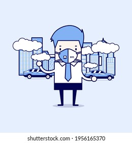 Businessman wearing protective mask before going to work. Dust mask N95 prevent PM2.5,Air pollution concepts. Cartoon character thin line style vector.