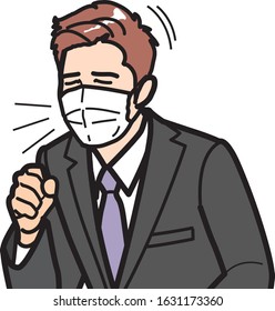 A businessman is wearing a sanitary mask but is coughing.