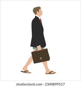 Businessman wearing shorts and suit and flip flop walking holding briefcase side view. Isolated Flat Vector. Vector EPS 10