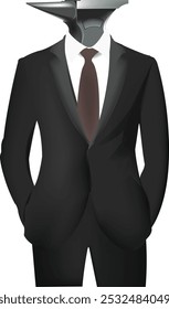 Businessman wearing suit with anvil head standing with hands in pockets