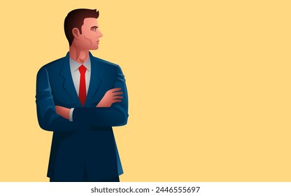 Businessman wearing suit with arms crossed, vector illustration