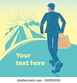 Businessman wearing a suit and carrying a briefcase striding towards a sunlit business city. Space for your text in the foreground. Business concept.