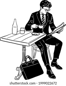 Businessman wearing suit drink hot coffee in cafe People lifestyle in city Hand drawn line art Illustration