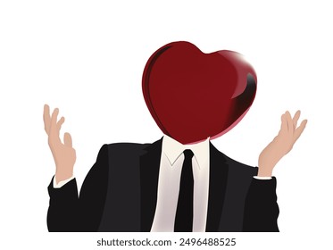 Businessman wearing suit with giant red heart instead of head