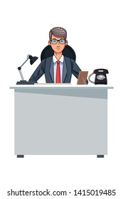 businessman wearing suit with glasses avatar cartoon character on desk with light and telephone vector illustration graphic design