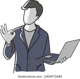 Businessman wearing suit holding laptop showing ok sign
