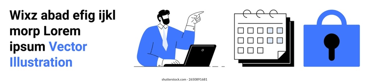 Businessman wearing suit pointing while working on laptop, adjacent to a calendar and a blue secure lock. Ideal for business strategy, project management, data security, IT solutions, online privacy