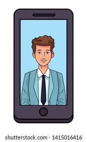 businessman wearing suit and smiling avatar cartoon character profile picture portrait on a cellphone vector illustration graphic design