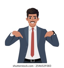 Businessman wearing suit smiling and pointing in the direction below. Flat Vector Character Isolated.