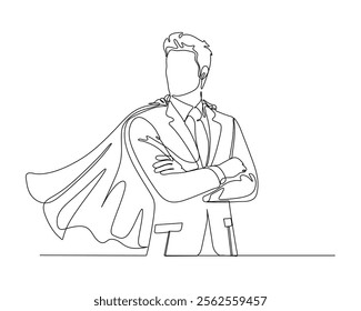 A businessman wearing a suit and tie with a cape flowing behind, standing with arms crossed. The image conveys confidence and strength, blending professionalism with superhero elements.