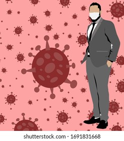 Businessman wearing surgical mask and Covid-19 Coronavirus Concept. Vector of virus.