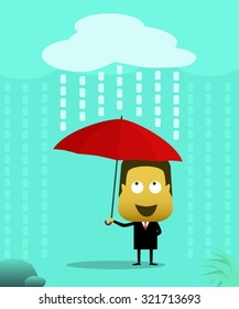 A businessman wearing an umbrella under heavy rain