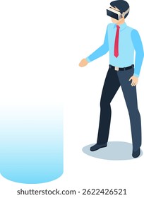 Businessman wearing virtual reality headset interacting with holographic light projection, isometric view of person experiencing metaverse environment