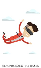 Businessman wearing virtual reality headset and flying in sky. Man in virtual reality headset having fun while flying in virtual reality. Vector flat design illustration isolated on white background.