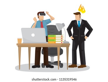 Businessman wearing virtual reality VR glasses while his boss is angry with him. Vector illustration.