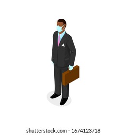 Businessman Wearing Virus Protection Medical Face Mask And Rubber Gloves - Covid 19 Outbreak - Isometric Icon Vector Illustration.