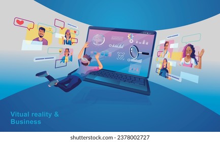 Businessman wearing a VR headset floating in cyberspace. Simulation of the virtual digital world for entertainment and visual experience in the metaverse. Flat vector illustration