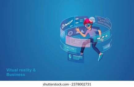 Businessman wearing a VR headset floating in cyberspace. Simulation of the virtual digital world for entertainment and visual experience in the metaverse. Flat vector illustration
