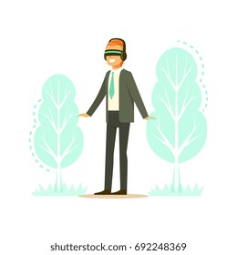 Businessman wearing VR headset with forest tree projection, technology augmented reality vector Illustration