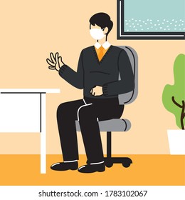 businessman wears mask and keeps distance in office vector illustration design
