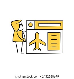 businessman and web airline booking concept in stick figure yellow theme