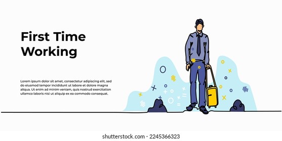 Businessman web banner. Vector illustration of a man standing alone holding a bag. Modern flat in continuous line style.