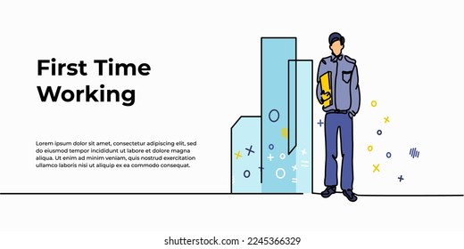 Businessman web banner. Vector illustration of a man standing alone holding a document. Modern flat in continuous line style.