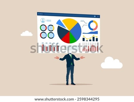 Businessman with a web browser instead instead of a head on shoulders. Financial Report. Reviewing investment portfolio. Online business making money, investment return. Vector illustration