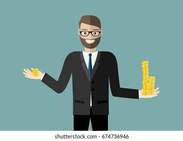 Businessman weighing up options. Balancing coins