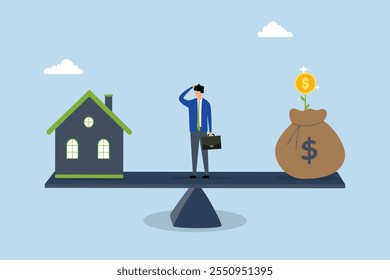 businessman is weighing the options of either paying off the mortgage or investing for profit. 