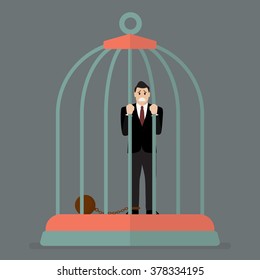 Businessman with weight in bird cage. Business concept
